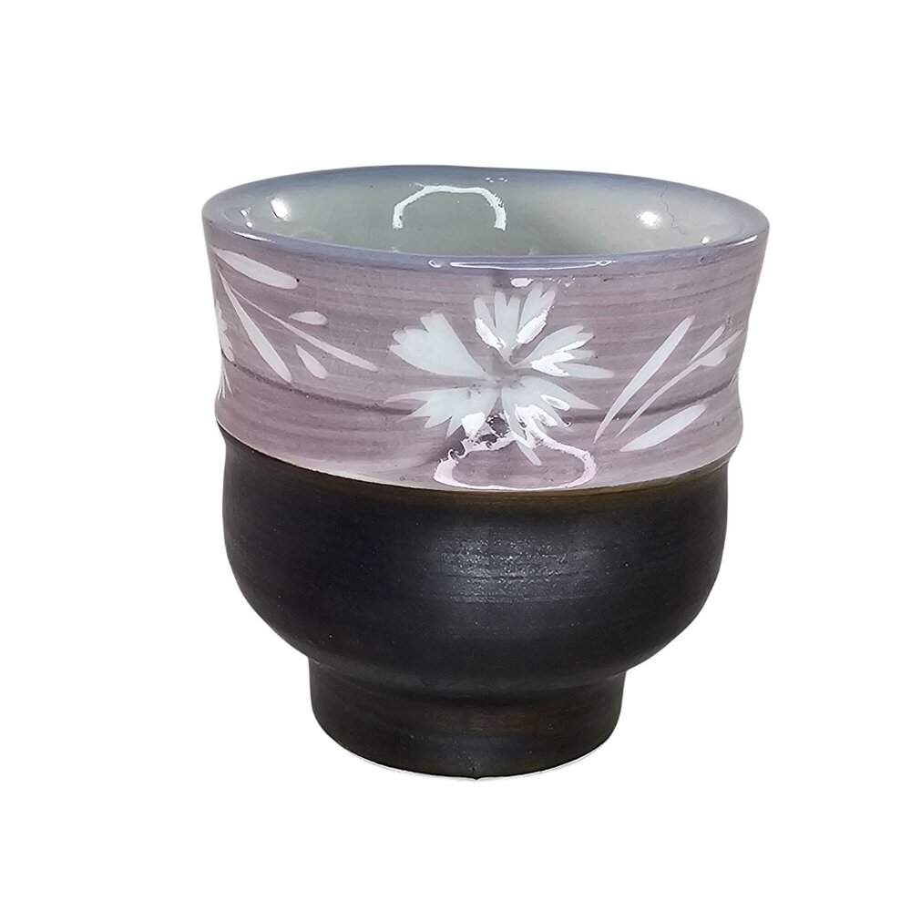 Japanese Style Ceramic Tea Cup Floral Design Purple Brown No Handle Coffee Mug